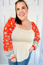 Load image into Gallery viewer, Hello Beautiful Oatmeal &amp; Orange Square Neck Paisley Floral Blouse
