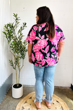 Load image into Gallery viewer, Tropical Vibes Black &amp; Hot Pink Floral V Neck Top
