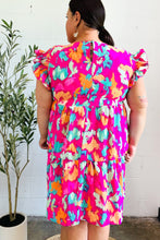 Load image into Gallery viewer, Look of Love Fuchsia Abstract Floral Print Smocked Ruffle Sleeve Dress
