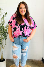 Load image into Gallery viewer, Tropical Vibes Black &amp; Hot Pink Floral V Neck Top
