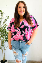 Load image into Gallery viewer, Tropical Vibes Black &amp; Hot Pink Floral V Neck Top
