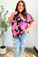 Load image into Gallery viewer, Tropical Vibes Black &amp; Hot Pink Floral V Neck Top
