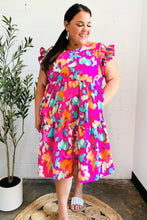 Load image into Gallery viewer, Look of Love Fuchsia Abstract Floral Print Smocked Ruffle Sleeve Dress
