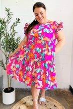 Load image into Gallery viewer, Look of Love Fuchsia Abstract Floral Print Smocked Ruffle Sleeve Dress
