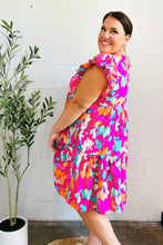 Load image into Gallery viewer, Look of Love Fuchsia Abstract Floral Print Smocked Ruffle Sleeve Dress
