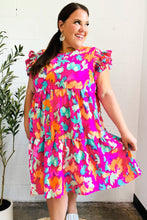 Load image into Gallery viewer, Look of Love Fuchsia Abstract Floral Print Smocked Ruffle Sleeve Dress
