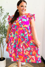 Load image into Gallery viewer, Look of Love Fuchsia Abstract Floral Print Smocked Ruffle Sleeve Dress
