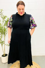 Load image into Gallery viewer, Black Floral Sequin Puff Sleeve Mock Neck Tiered Maxi Dress
