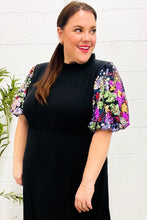 Load image into Gallery viewer, Black Floral Sequin Puff Sleeve Mock Neck Tiered Maxi Dress
