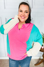 Load image into Gallery viewer, Stand Out Hot Pink &amp; Mint V Neck Collared Terry Color Block Top
