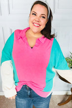 Load image into Gallery viewer, Stand Out Hot Pink &amp; Mint V Neck Collared Terry Color Block Top
