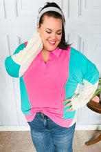 Load image into Gallery viewer, Stand Out Hot Pink &amp; Mint V Neck Collared Terry Color Block Top
