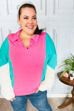 Load image into Gallery viewer, Stand Out Hot Pink &amp; Mint V Neck Collared Terry Color Block Top
