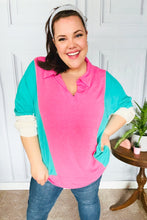 Load image into Gallery viewer, Stand Out Hot Pink &amp; Mint V Neck Collared Terry Color Block Top
