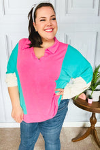 Load image into Gallery viewer, Stand Out Hot Pink &amp; Mint V Neck Collared Terry Color Block Top
