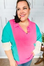 Load image into Gallery viewer, Stand Out Hot Pink &amp; Mint V Neck Collared Terry Color Block Top
