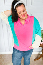 Load image into Gallery viewer, Stand Out Hot Pink &amp; Mint V Neck Collared Terry Color Block Top
