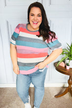 Load image into Gallery viewer, Look Out Teal &amp; Rose Striped Hacci Knit Puff Sleeve Top
