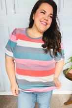 Load image into Gallery viewer, Look Out Teal &amp; Rose Striped Hacci Knit Puff Sleeve Top
