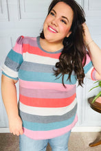 Load image into Gallery viewer, Look Out Teal &amp; Rose Striped Hacci Knit Puff Sleeve Top
