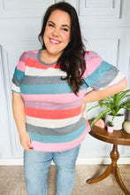 Load image into Gallery viewer, Look Out Teal &amp; Rose Striped Hacci Knit Puff Sleeve Top
