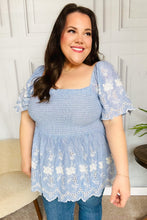 Load image into Gallery viewer, Just A Dream Blue Smocked Floral Embroidered Babydoll Top
