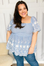 Load image into Gallery viewer, Just A Dream Blue Smocked Floral Embroidered Babydoll Top
