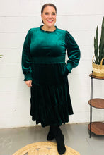 Load image into Gallery viewer, Holiday Dreaming Hunter Green Velvet Mock Neck Smocked Waist Dress
