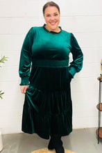 Load image into Gallery viewer, Holiday Dreaming Hunter Green Velvet Mock Neck Smocked Waist Dress
