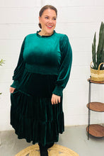 Load image into Gallery viewer, Holiday Dreaming Hunter Green Velvet Mock Neck Smocked Waist Dress
