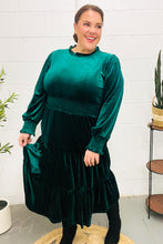 Load image into Gallery viewer, Holiday Dreaming Hunter Green Velvet Mock Neck Smocked Waist Dress
