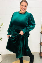 Load image into Gallery viewer, Holiday Dreaming Hunter Green Velvet Mock Neck Smocked Waist Dress
