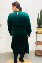 Load image into Gallery viewer, Holiday Dreaming Hunter Green Velvet Mock Neck Smocked Waist Dress
