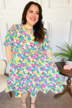 Load image into Gallery viewer, Can&#39;t Say No Mint &amp; Fuchsia Floral Notch Neck Bubble Sleeve Dress
