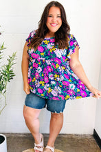 Load image into Gallery viewer, Perfectly You Navy &amp; Lilac Floral Print Ruffle Sleeve Babydoll Top
