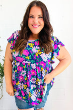 Load image into Gallery viewer, Perfectly You Navy &amp; Lilac Floral Print Ruffle Sleeve Babydoll Top
