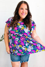 Load image into Gallery viewer, Perfectly You Navy &amp; Lilac Floral Print Ruffle Sleeve Babydoll Top
