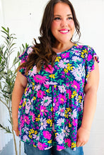 Load image into Gallery viewer, Perfectly You Navy &amp; Lilac Floral Print Ruffle Sleeve Babydoll Top
