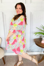 Load image into Gallery viewer, Look Of Love Lime &amp; Coral Patchwork Print V Neck Dress
