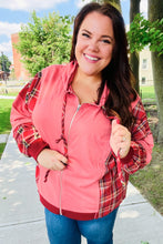 Load image into Gallery viewer, Adorable in Marsala Plaid Color Block Zipper French Terry Hoodie
