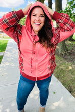 Load image into Gallery viewer, Adorable in Marsala Plaid Color Block Zipper French Terry Hoodie
