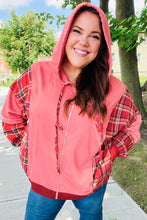 Load image into Gallery viewer, Adorable in Marsala Plaid Color Block Zipper French Terry Hoodie
