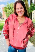 Load image into Gallery viewer, Adorable in Marsala Plaid Color Block Zipper French Terry Hoodie
