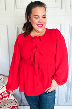 Load image into Gallery viewer, Embrace Joy Red Ribbon Bow Tie Babydoll Woven Top
