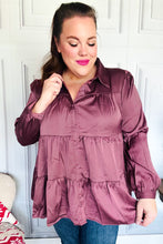 Load image into Gallery viewer, Perfectly You Burgundy Button Down Tiered Babydoll Satin Top
