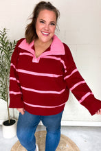 Load image into Gallery viewer, Fall For You Crimson Stripe Notched Neck Collared Oversized Sweater
