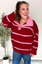 Load image into Gallery viewer, Fall For You Crimson Stripe Notched Neck Collared Oversized Sweater
