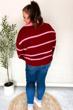 Load image into Gallery viewer, Fall For You Crimson Stripe Notched Neck Collared Oversized Sweater
