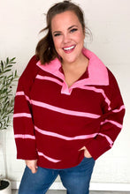 Load image into Gallery viewer, Fall For You Crimson Stripe Notched Neck Collared Oversized Sweater
