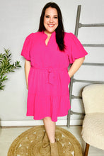 Load image into Gallery viewer, Star Struck Fuchsia Notched Neck Balloon Sleeve Sash Belt Mini Dress
